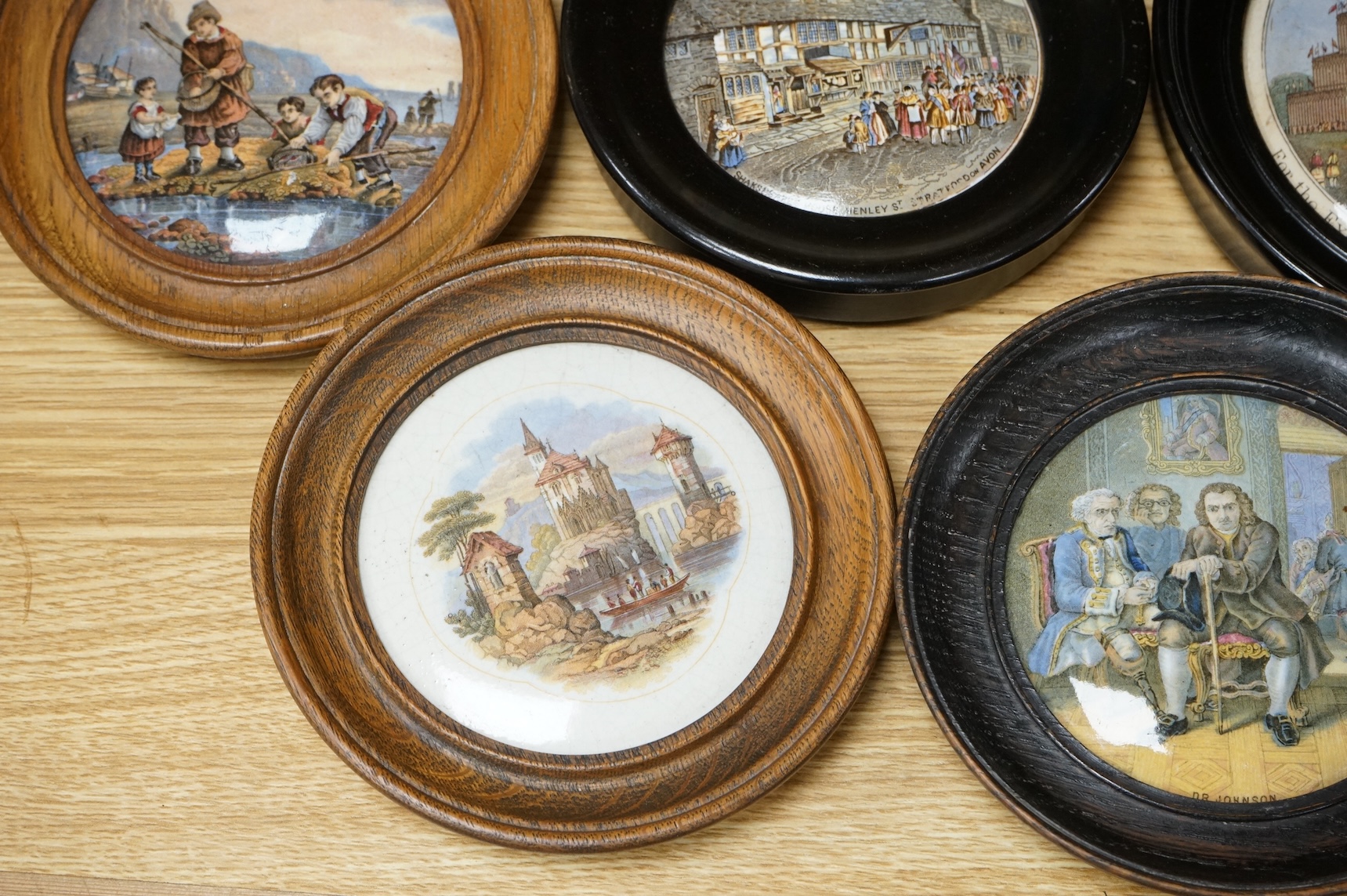 A collection of eleven framed pot lids, including one of the Chrystal Palace; The Grand International Building of 1851, For The Exhibition of Art and Industry of all Nations, Crystal Palace pot lid 12.5cm diameter not in